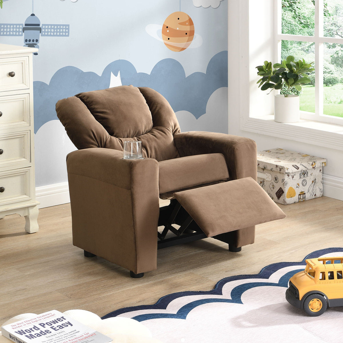 Kids Recliner Chair, Kids Upholstered Couch With Two Cup Holder, Footrest, Backrest, Toddlers Recliner With - view 2