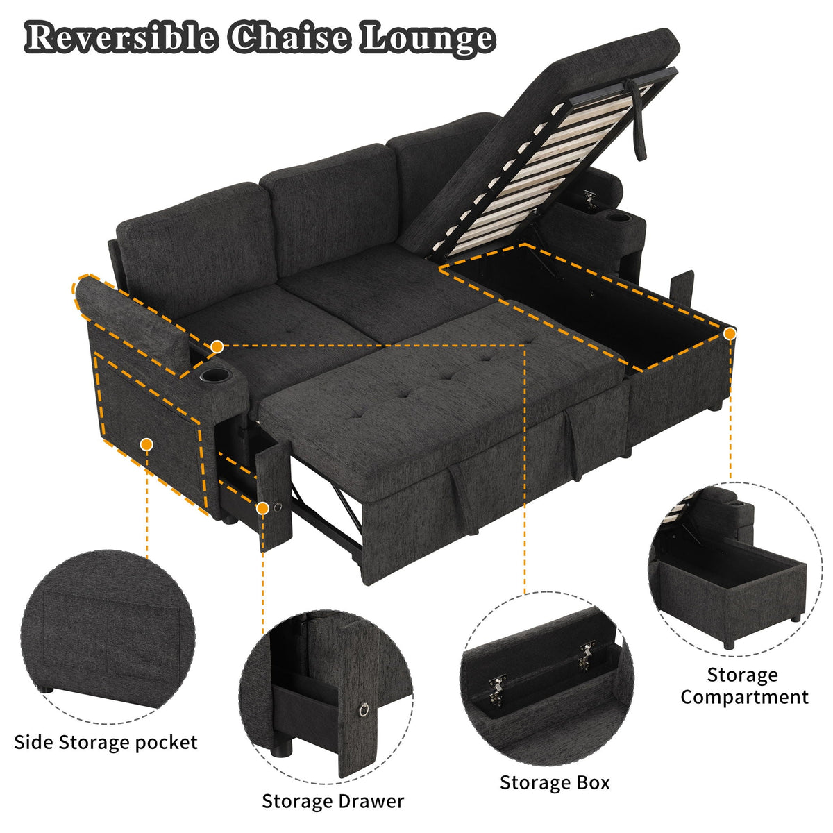 Convertible L Shaped Sofa Couch With Storage, Cup Holders, USB Ports - view 6