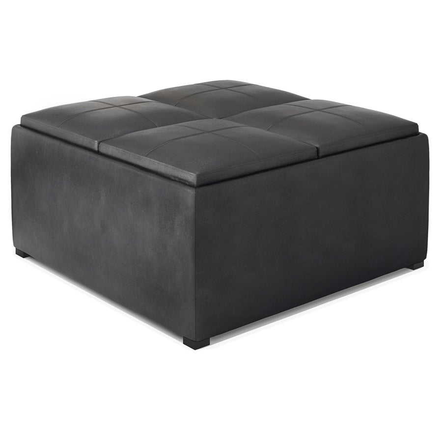 Upholstered Square Coffee Table Storage Ottoman with Flip Serving Trays - Black or Dark Brown
