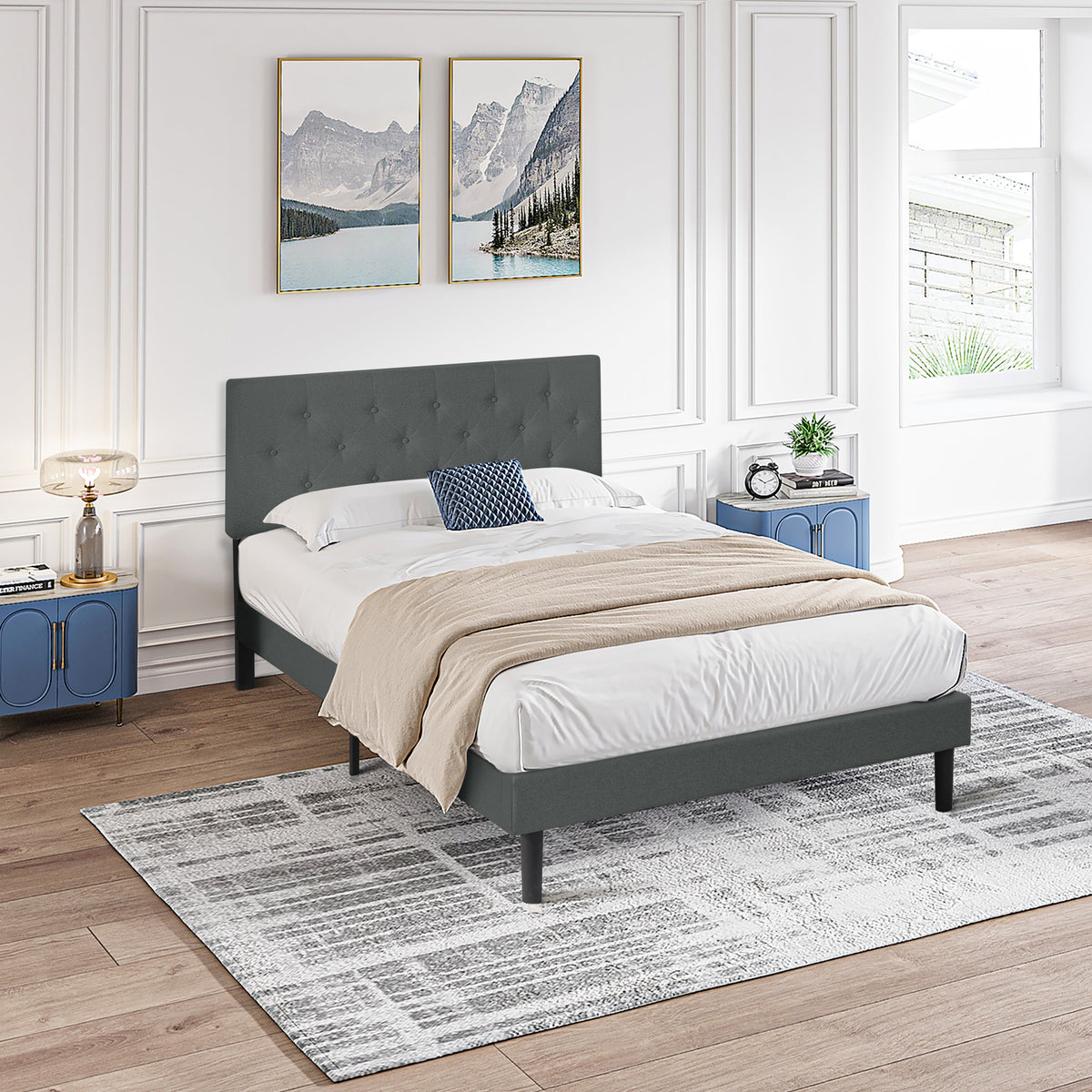 Queen Size Upholstered Platform Bed Frame with Modern Button Tufted