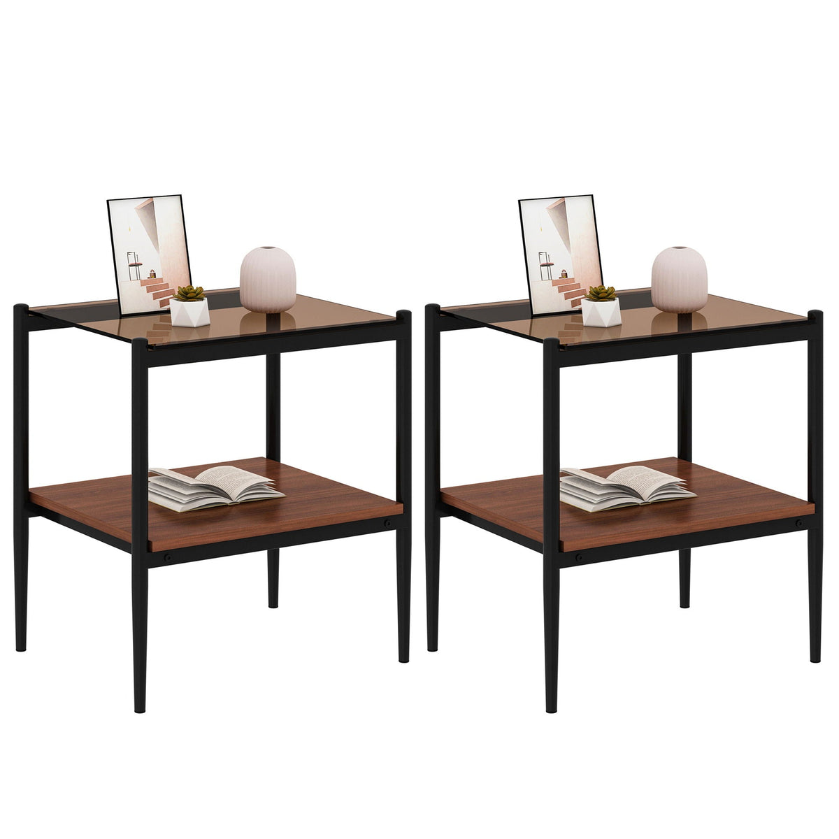 Modern Rectangle End Table (Set of 2) With Tempered Glass Tabletop And Layer - Brown - view 2