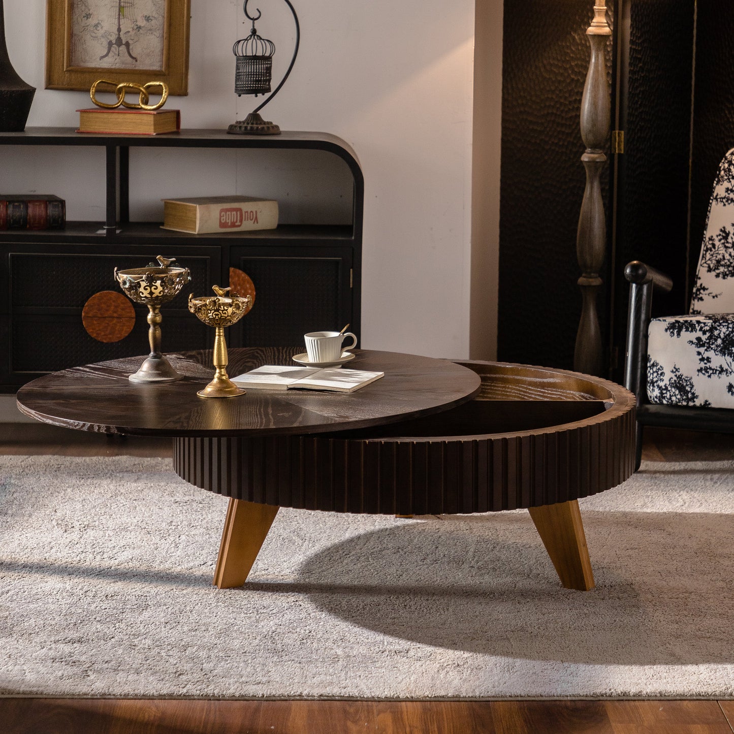 39.37" Retro Round Coffee Table with Storage Space