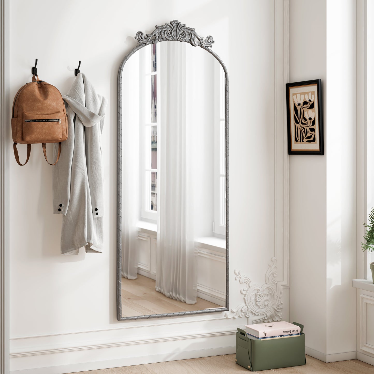 58" x 24" Arched Full Body Mirror with Vintage Ornate Carved Applique