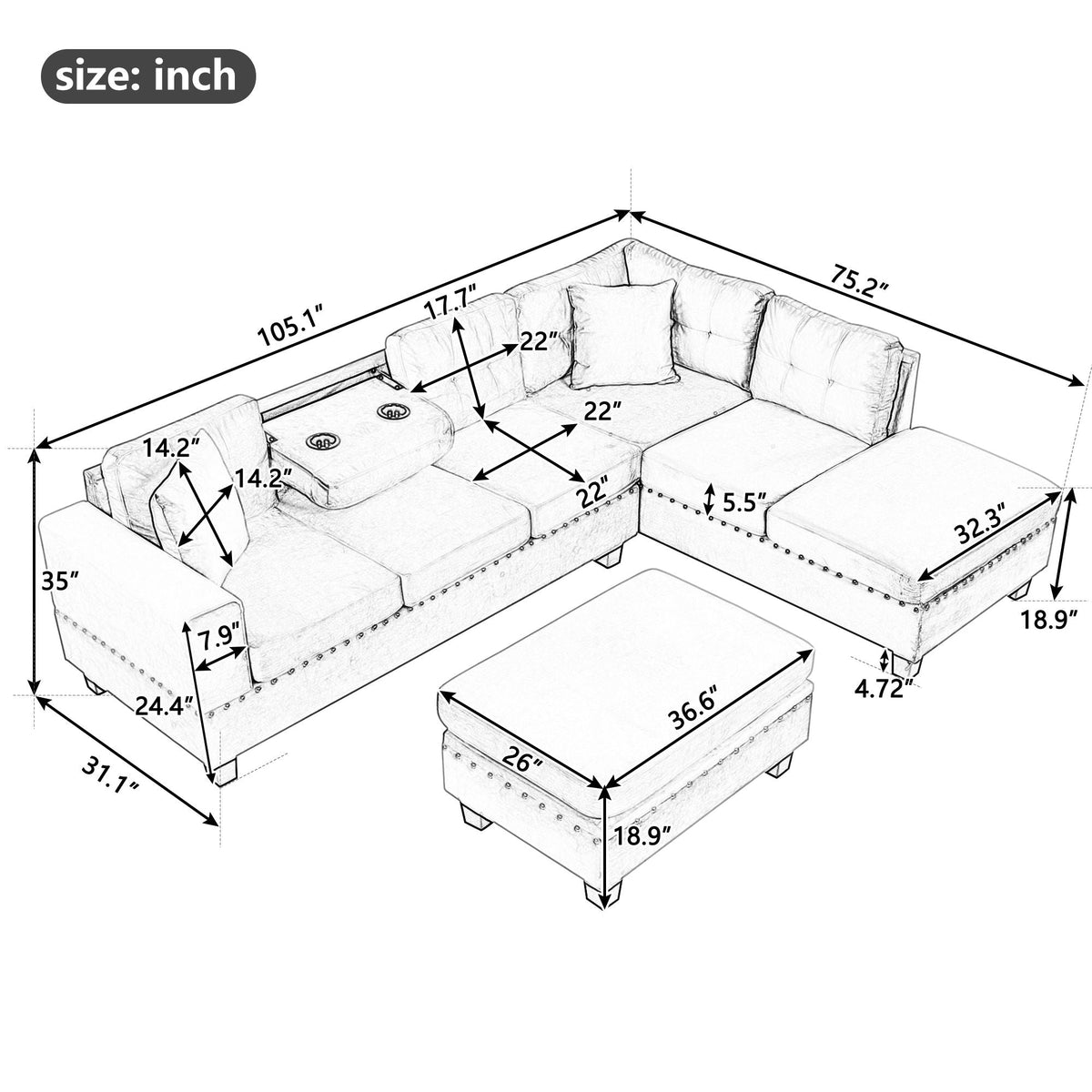 Modern Sectional Sofa With Storage Ottoman, L - Shape Couch With 2 Pillows And Cup Holders - view 5