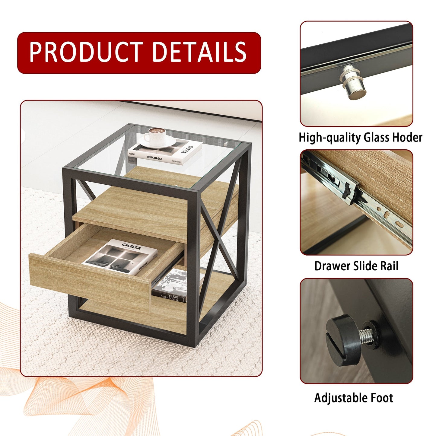1 Piece Modern End Table with Drawer - Natural Wood & Tempered Glass