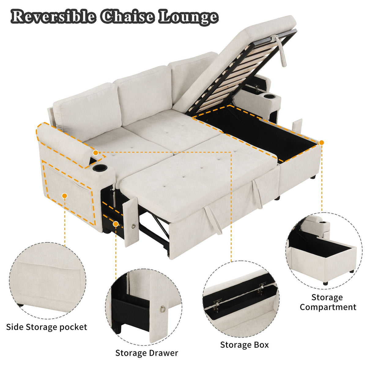 Convertible L Shaped Sofa Couch With Storage, Cup Holders, USB Ports - view 7
