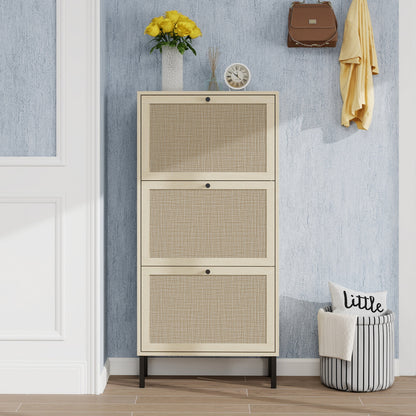 Rattan 3 Door Shoe Rack, Freestanding Modern Shoe Storage Cabinet