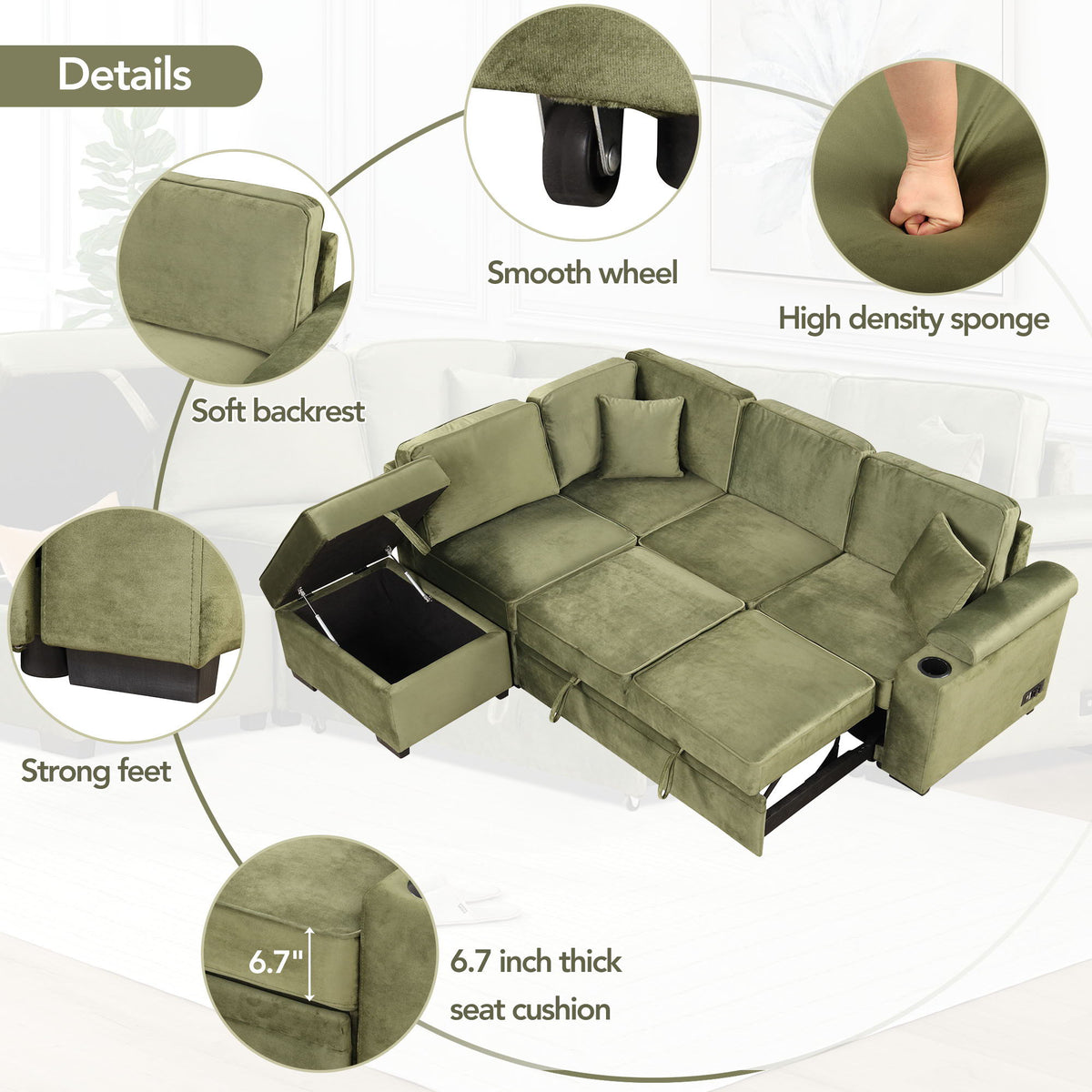 Sleeper Sofa Bed, 2 In 1 Pull Out Sofa Bed L Shape Couch With Storage Ottoman For Living Room, Bedroom Couch - view 6