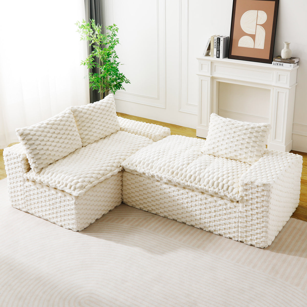 White Turtle Velvet Versatile Sofa: Convertible Twin-Seat with Left Chaise Lounge