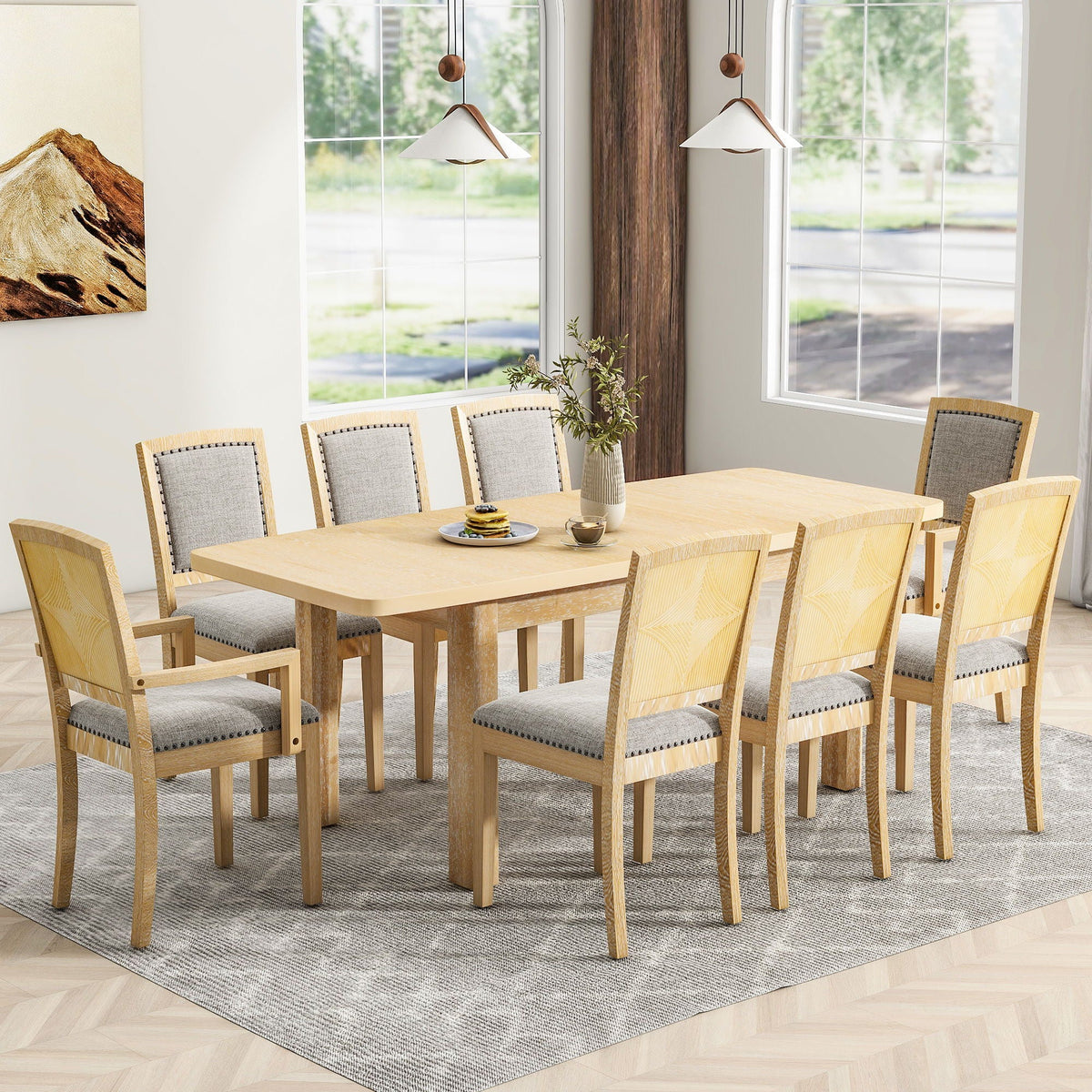 Topmax - Rustic Extendable Dining Table Set With Removable Leaf, 6 Upholstered Armless Dining Chairs And 2 - view 3
