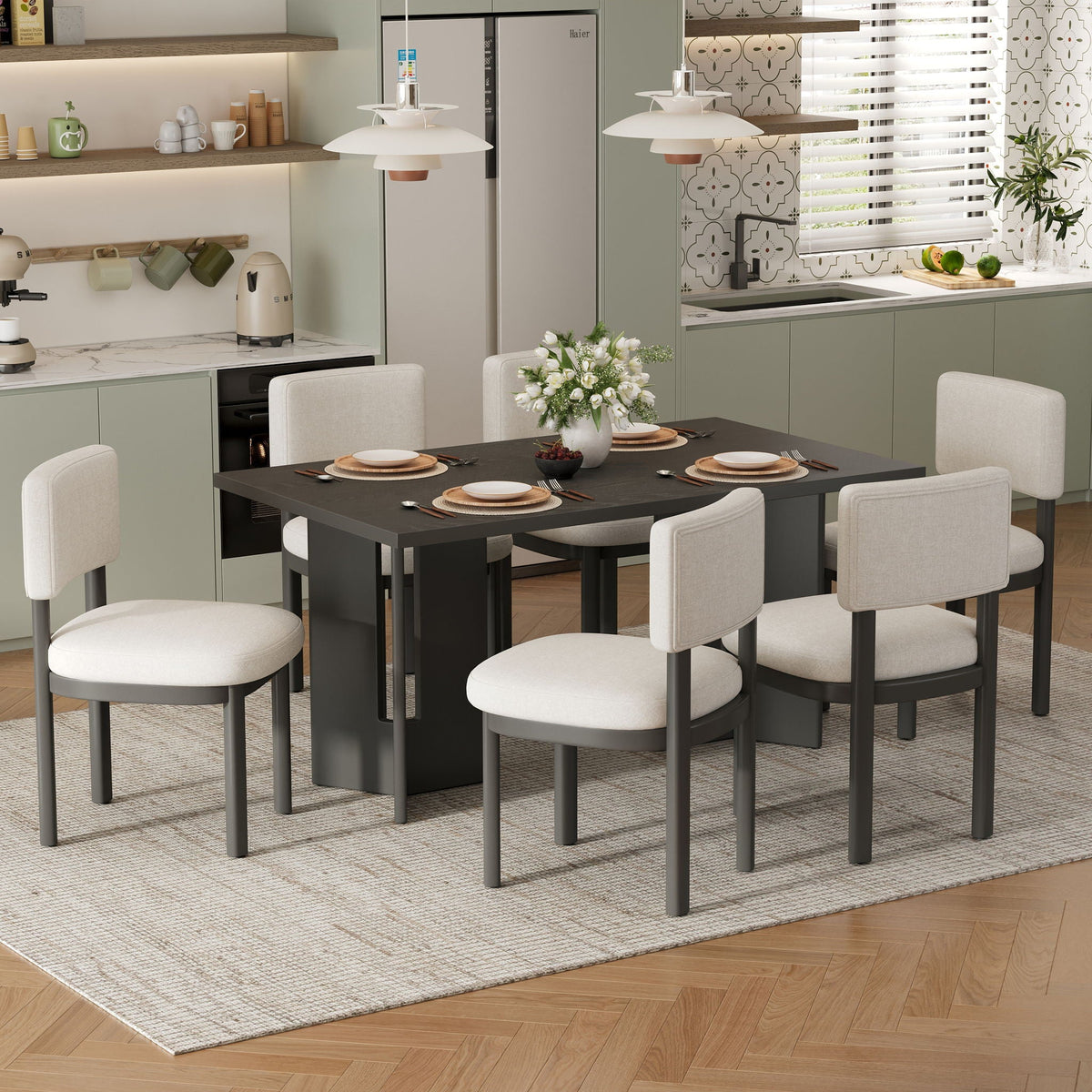 Dining Table Set With 6 Upholstered Chairs, Rectangular Table With Cutout Legs - view 5