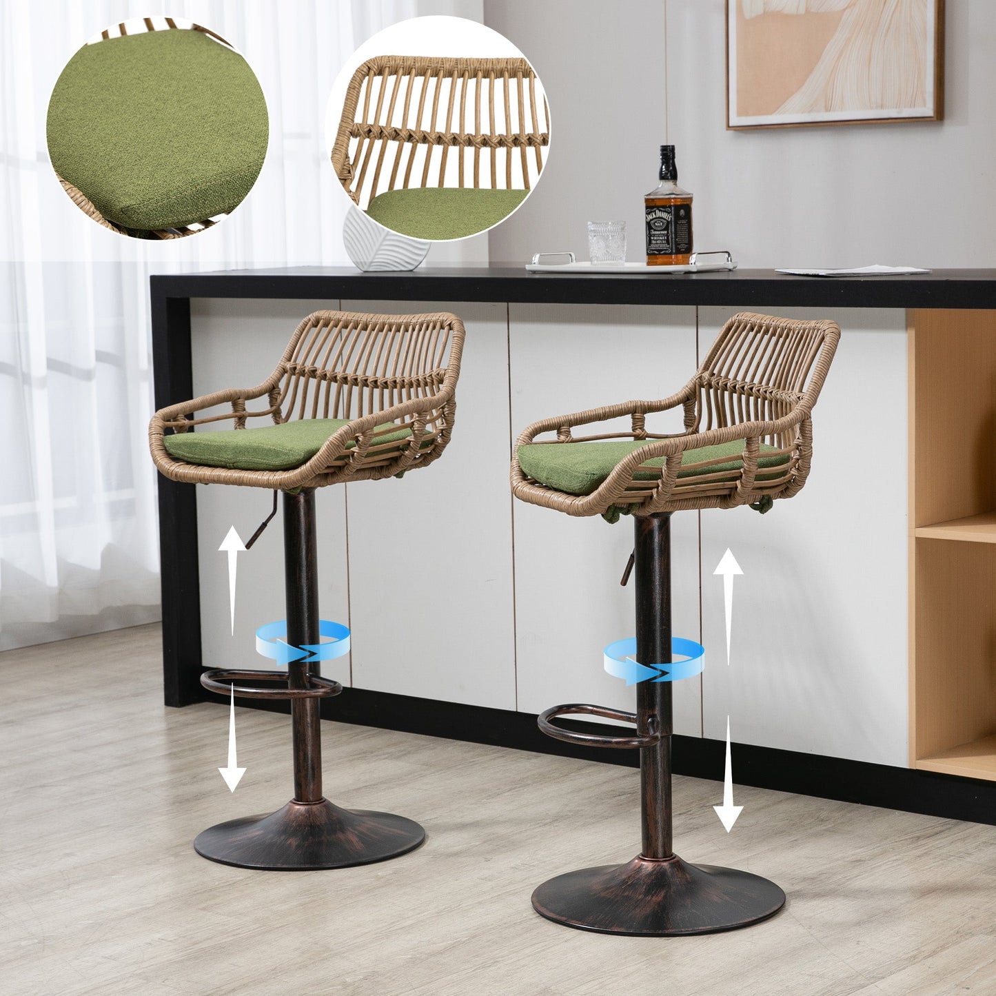 Modern Swivel Bar Stools Set of 2 Adjustable Counter Height Chairs