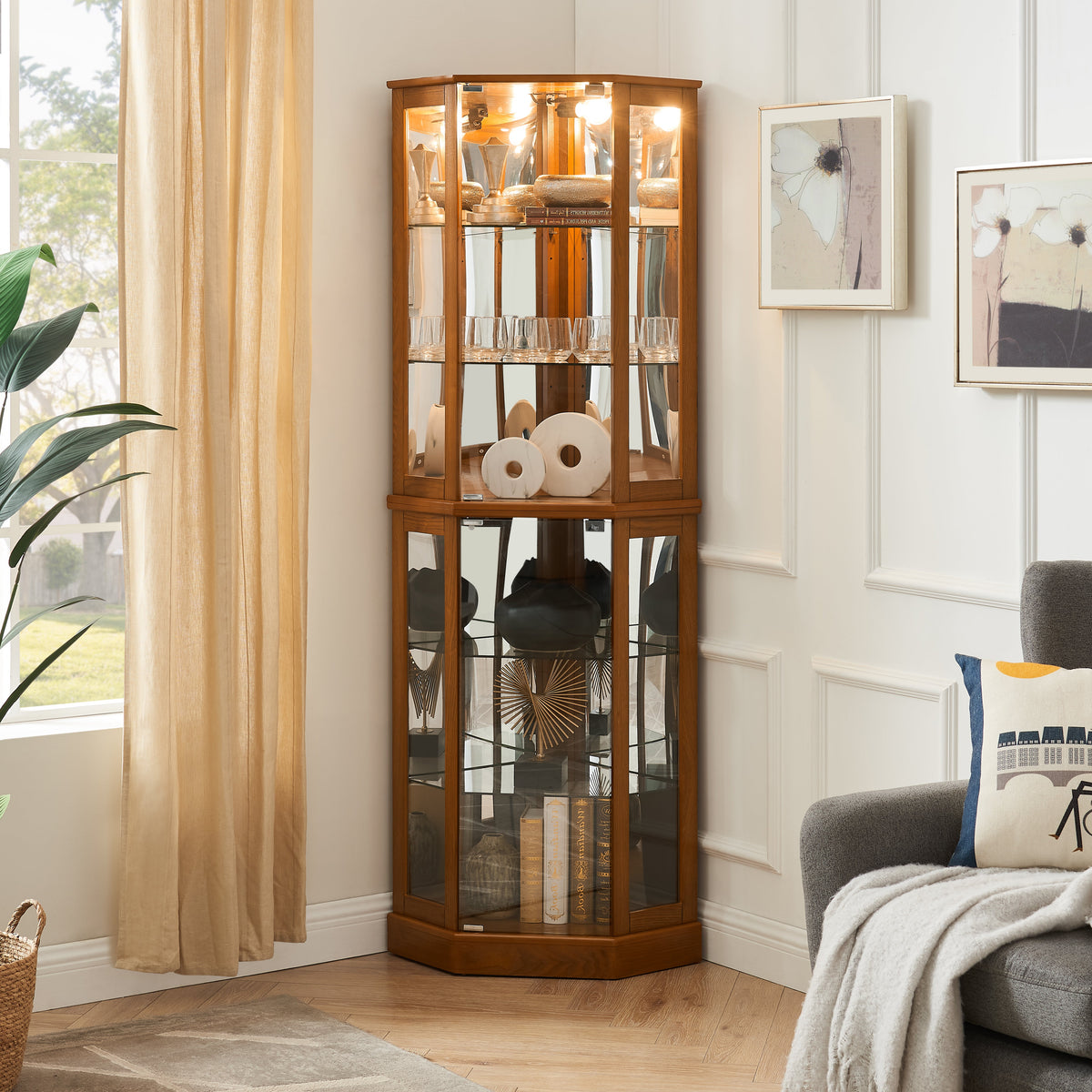 6 Shelf Corner Curio Display Cabinet with Lights, Mirrors and Adjustable Shelves