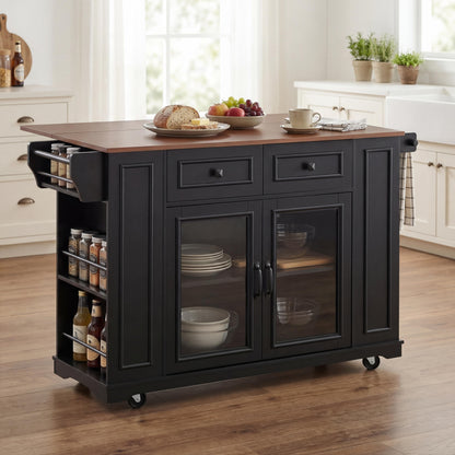 54" Mobile Kitchen Island with Glass Door Storage