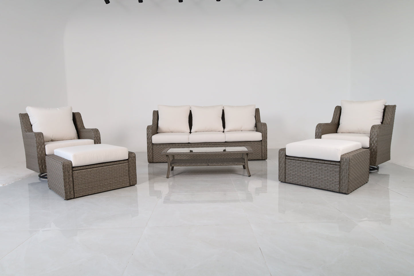 Luxury Rattan Patio Conversation Set – Includes 2 Swivel Chairs, Sofa, Coffee Table, And 2 Ottomans With Premium