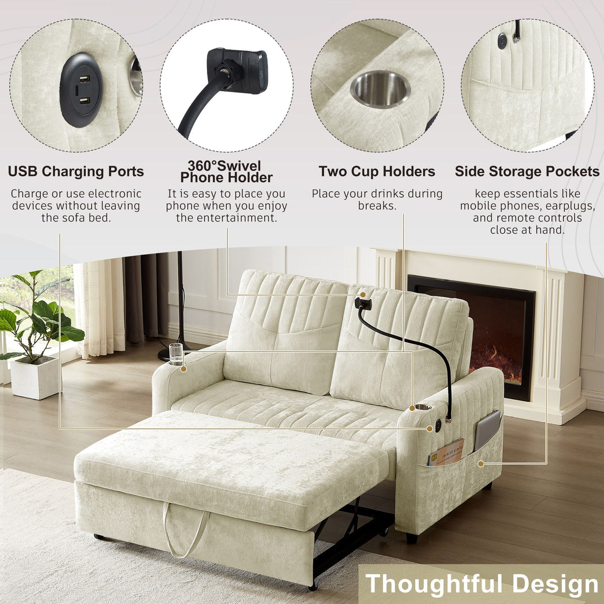 Modern Loveseat Pull Out Sofa Bed With Adjustable Backrest, Two Cup Holders, A Phone Holder, Three Charging - view 6