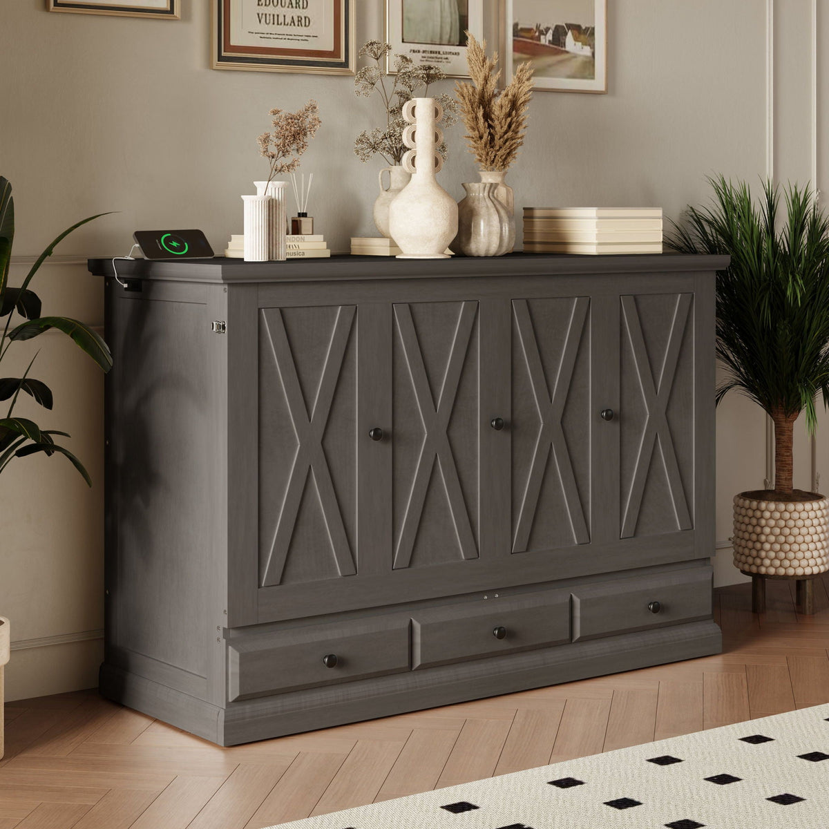 Solid Pine Murphy Bed Chest Cube Cabinet Bed With Charging Station And Large Storage Drawer For Home Office - view 6