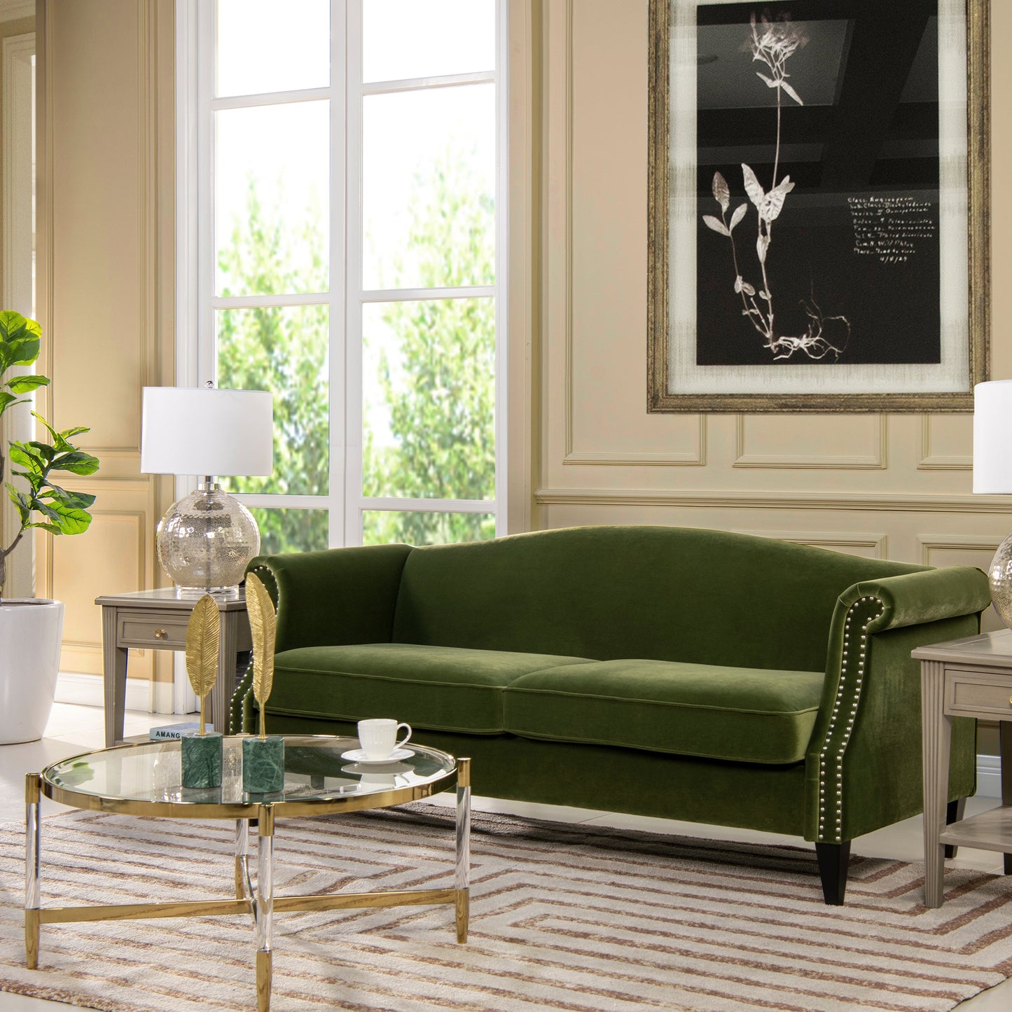 Elaine 77" Camel Back Small Space Sofa, Olive
