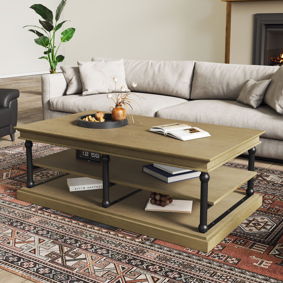 Wood Coffee Table with Black Legs and Open Storage Shelves - Brown