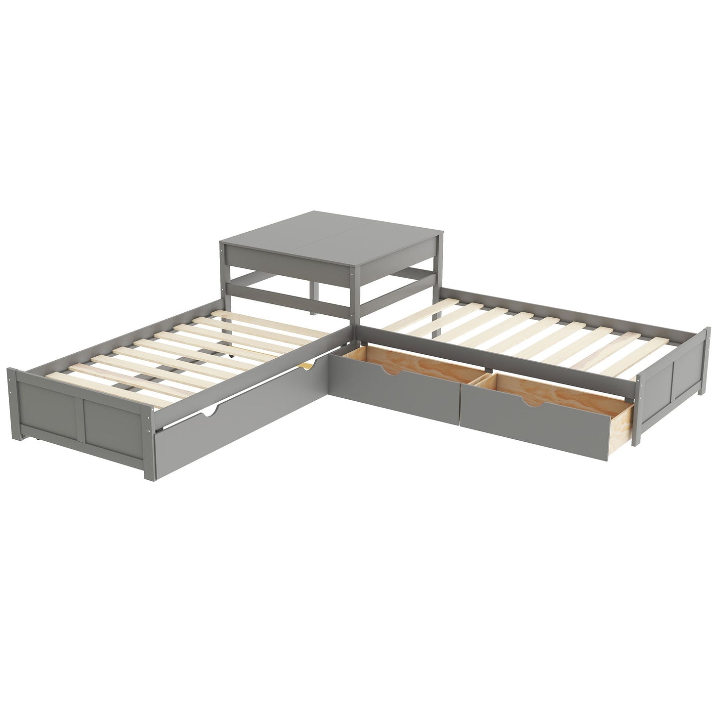 L-Shaped Platform Bed with Trundle and Built-In Desk - Gray