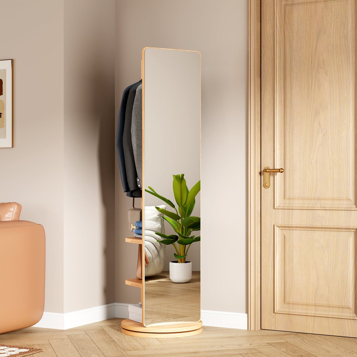 Multifunctional 360° Rotating Full Length Mirror with Coat Rack