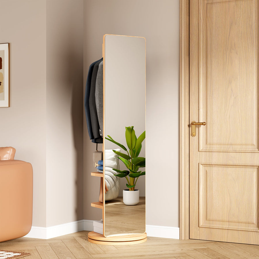 Multifunctional 360° Rotating Full Length Mirror with Coat Rack