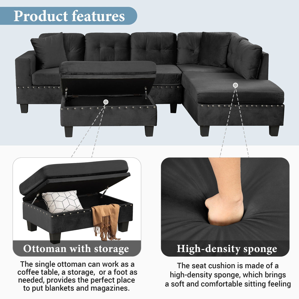 Modern Sectional Sofa With Storage Ottoman, L - Shape Couch With 2 Pillows And Cup Holders - view 6