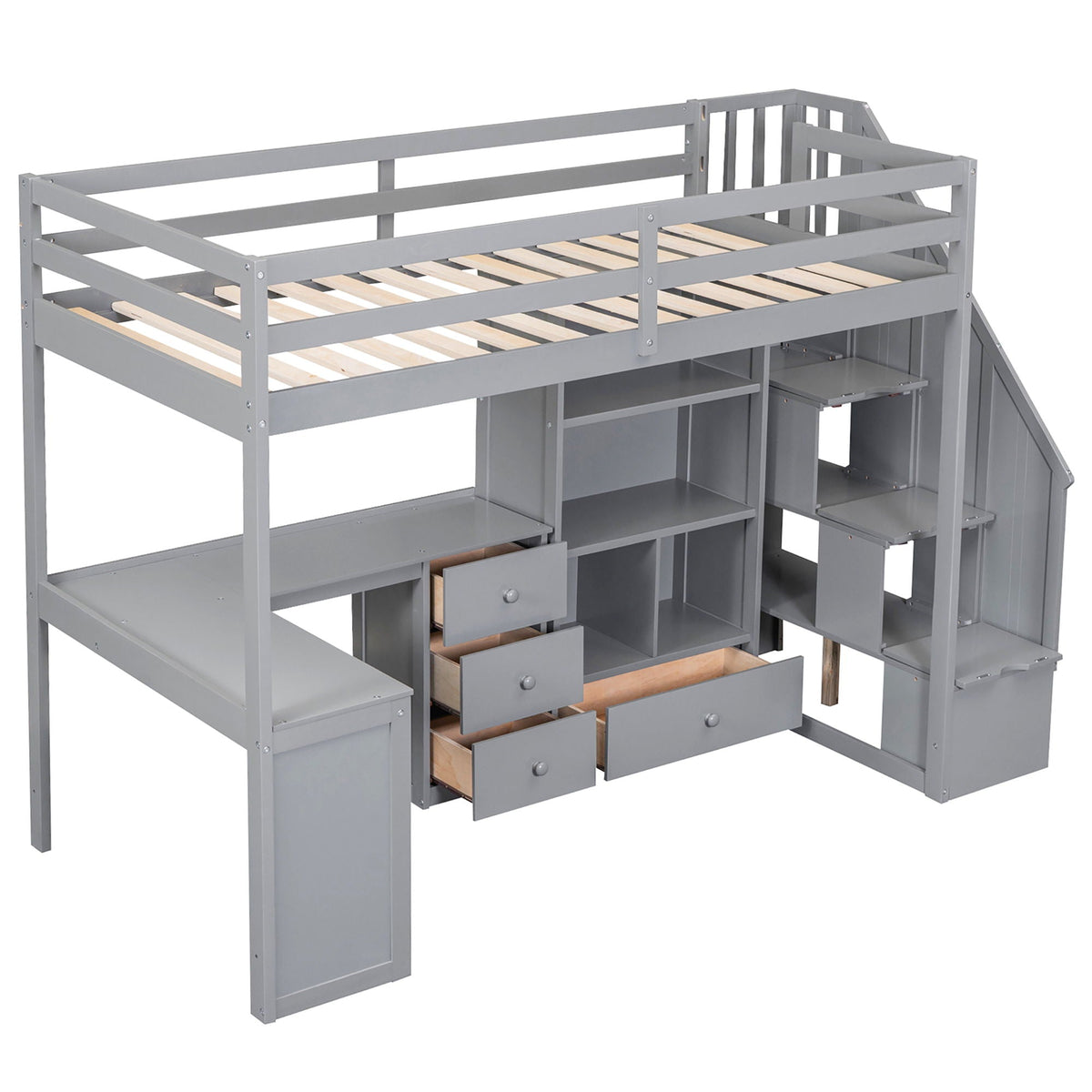 Loft Bed With L Shaped Desk, Drawers, Cabinet, And Storage Staircase - view 6