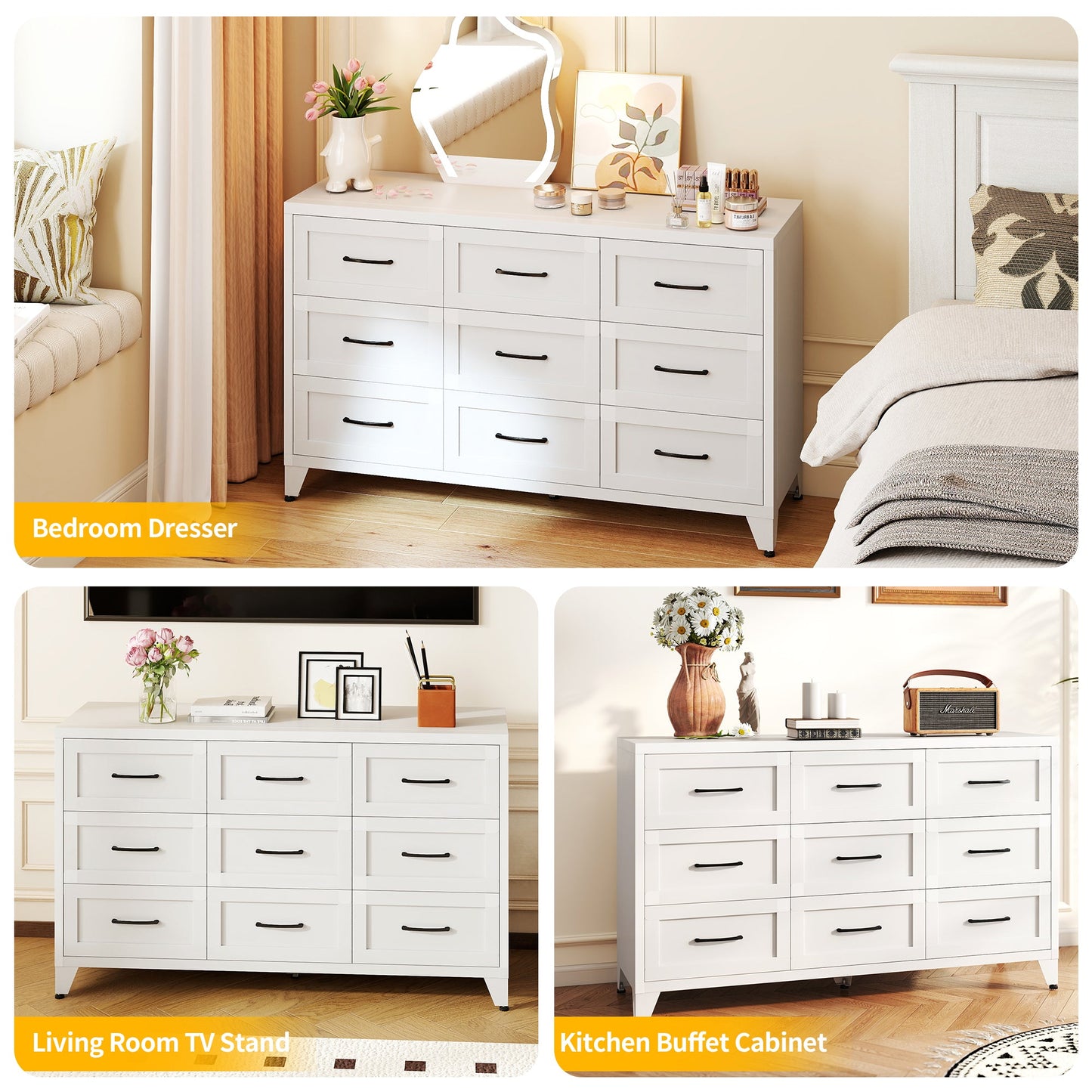 9 Drawer Dresser for Bedroom, Metal Profile Chest of Drawers