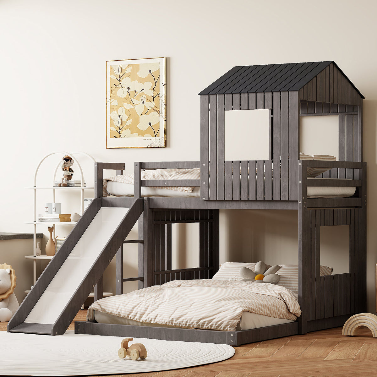 Wooden Twin Over Full Bunk Bed with Playhouse