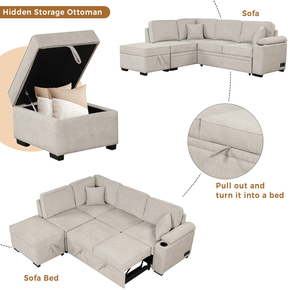 Sleeper Sofa Bed, 2 In 1 Pull Out Sofa Bed L Shape Couch With Storage Ottoman For Living Room, Bedroom Couch - view 7