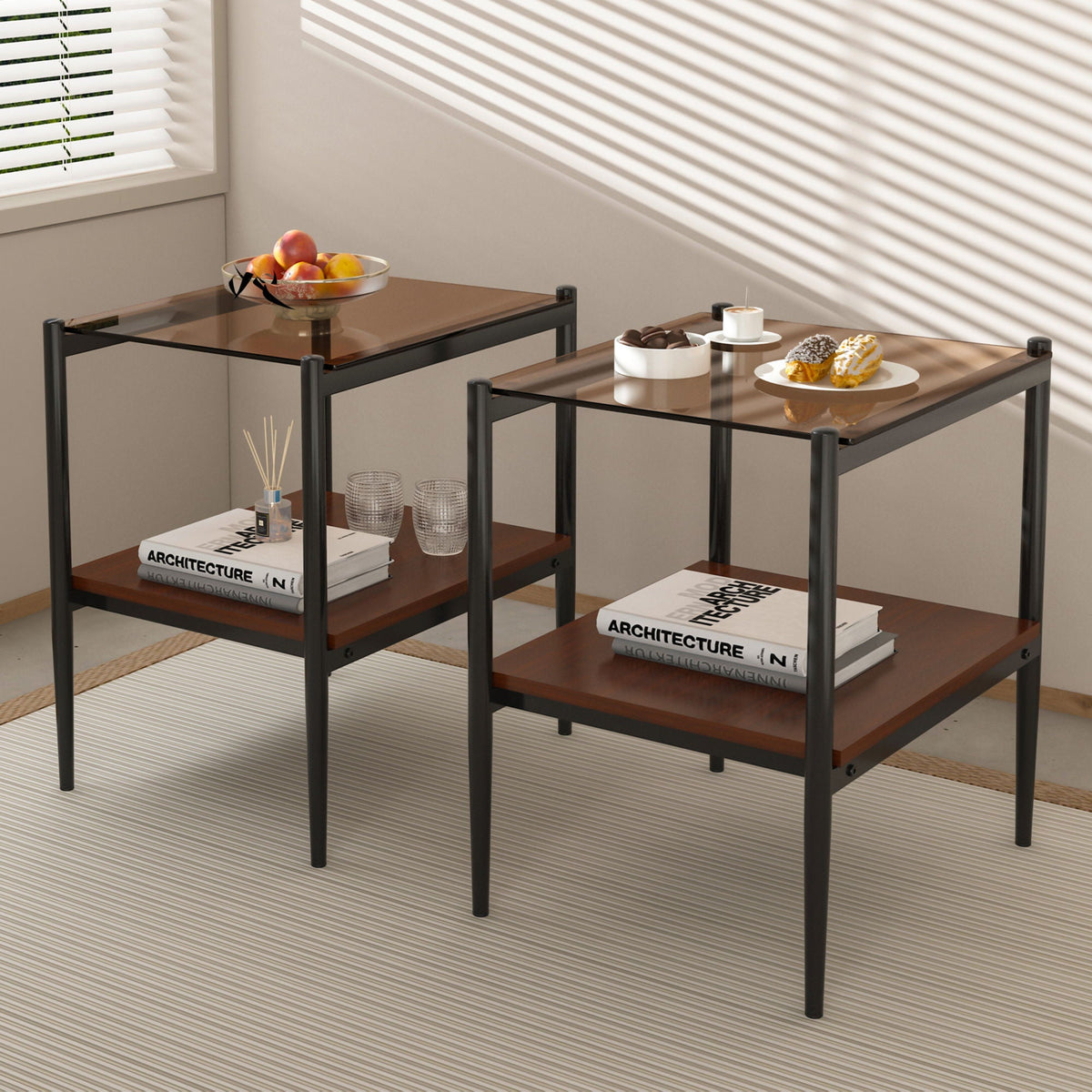 Modern Rectangle End Table (Set of 2) With Tempered Glass Tabletop And Layer - Brown - view 3