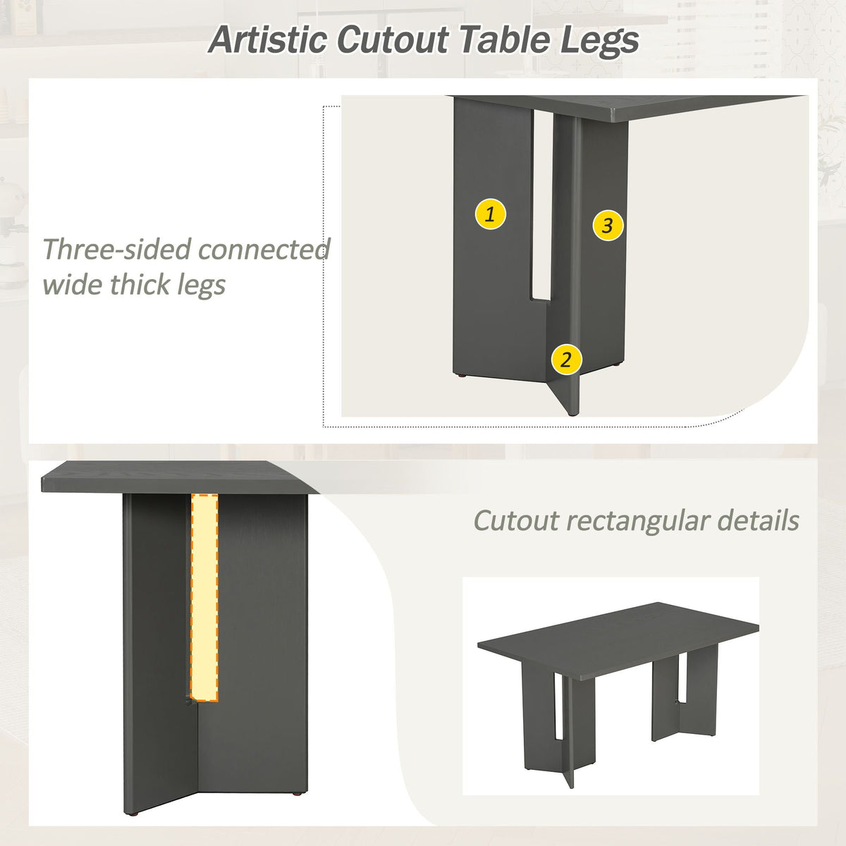 Dining Table Set With 6 Upholstered Chairs, Rectangular Table With Cutout Legs - view 6