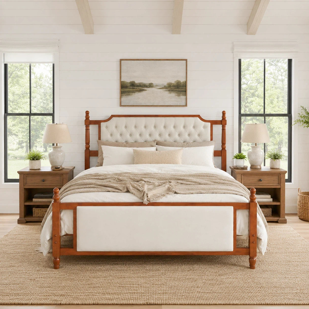 Queen Size Upholstered Platform Bed with Button Tufted Headboard