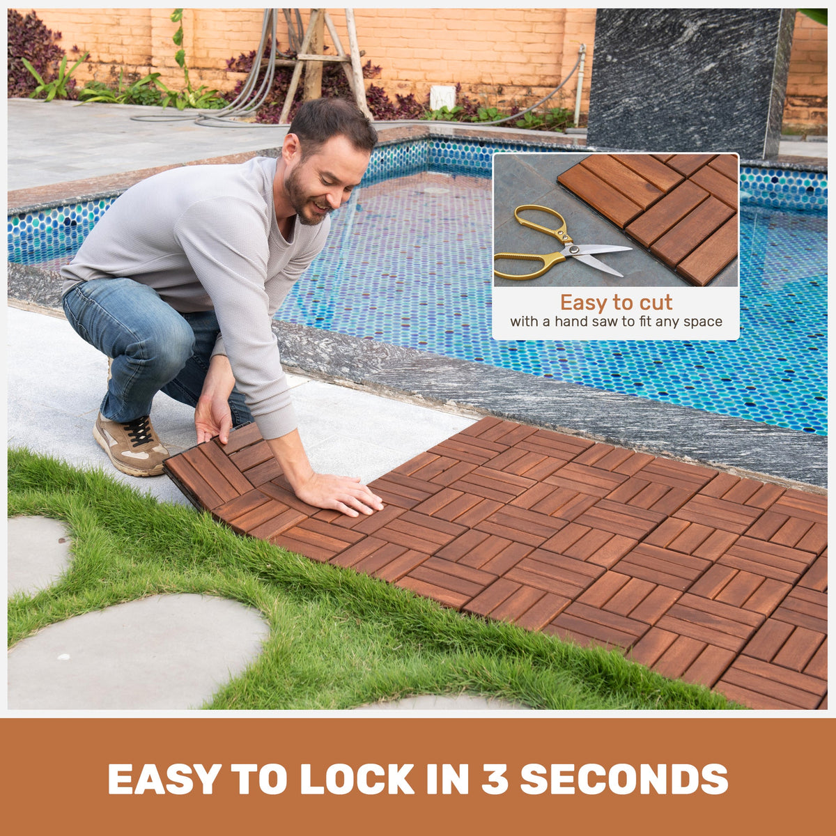 Acacia Wood Interlocking Deck Tiles Checker Pattern, 10PCS 12" x 12" Square