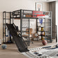 Full Size Metal Loft Bed with Built-in Desk, Open Wardrobe, Basketball Hoop, Slide and Staircase