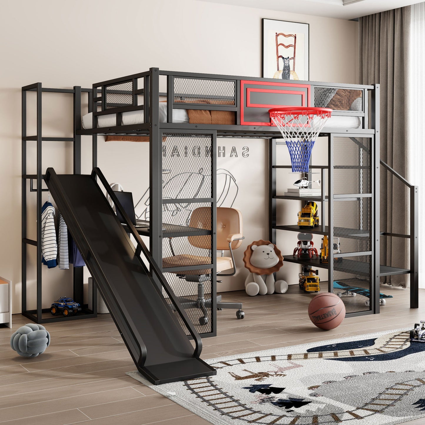 Full Size Metal Loft Bed with Built-in Desk, Open Wardrobe, Basketball Hoop, Slide and Staircase