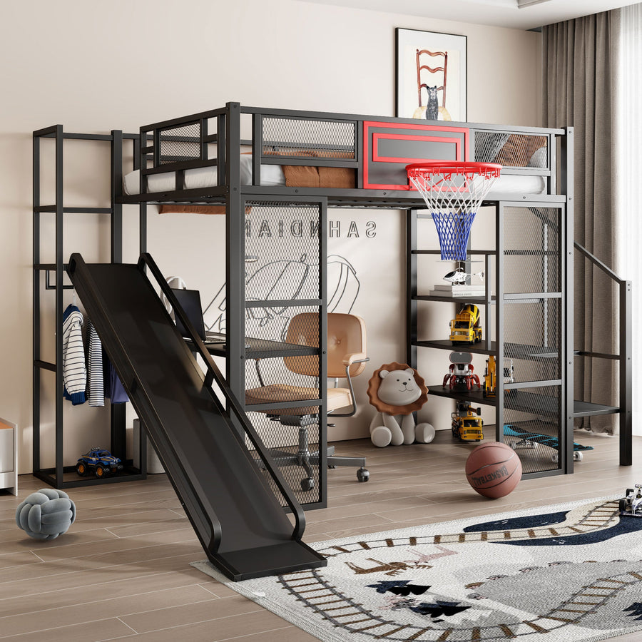 Full Size Metal Loft Bed with Built-in Desk, Open Wardrobe, Basketball Hoop, Slide and Staircase