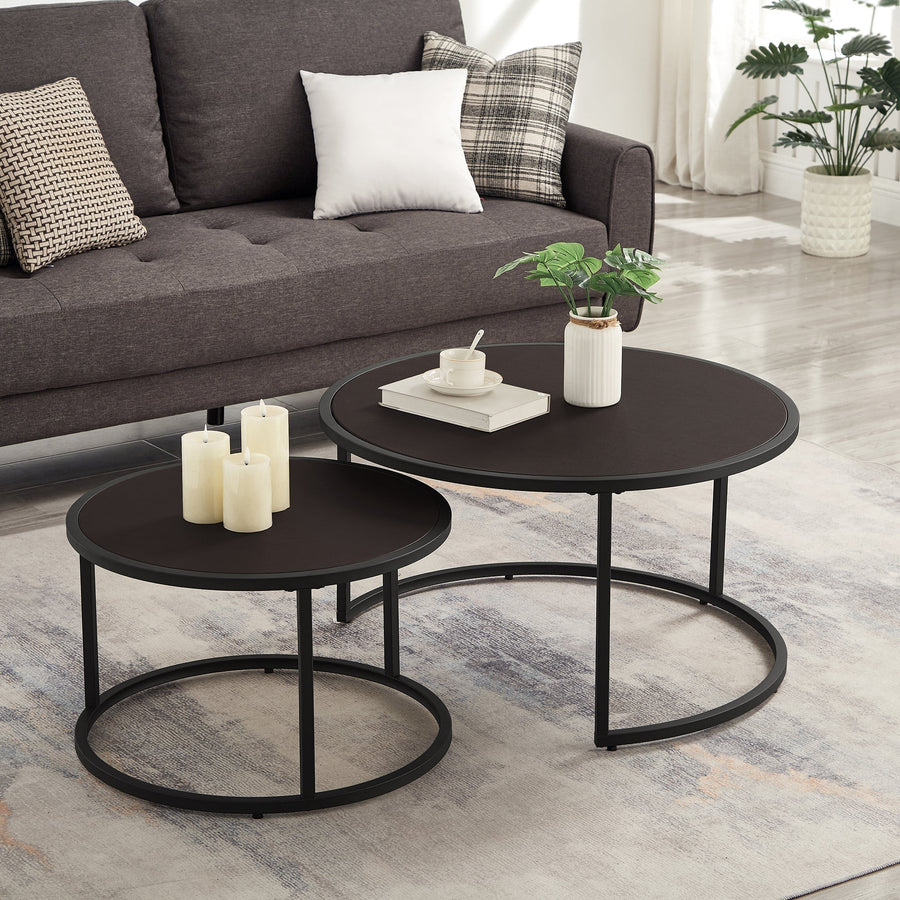 Modern Faux Leather Nesting Coffee Table Set with Black Metal Base - Dark Brown