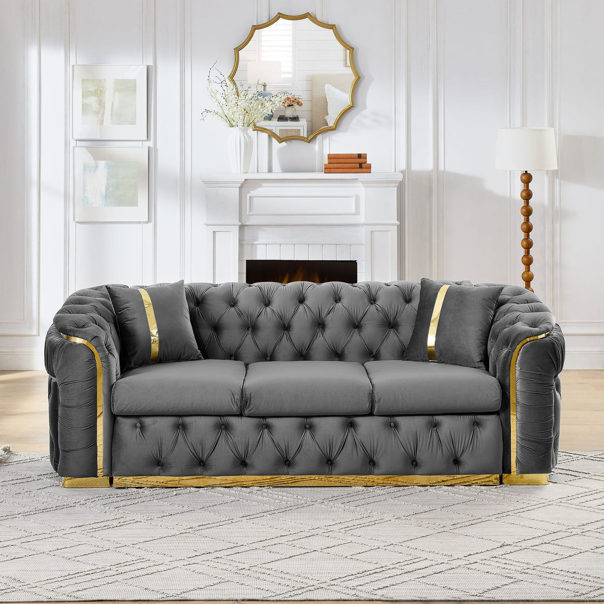 Button Tufted Couch With 2 Pillows, 3 Seater Luxury Chesterfield Sofa - view 8