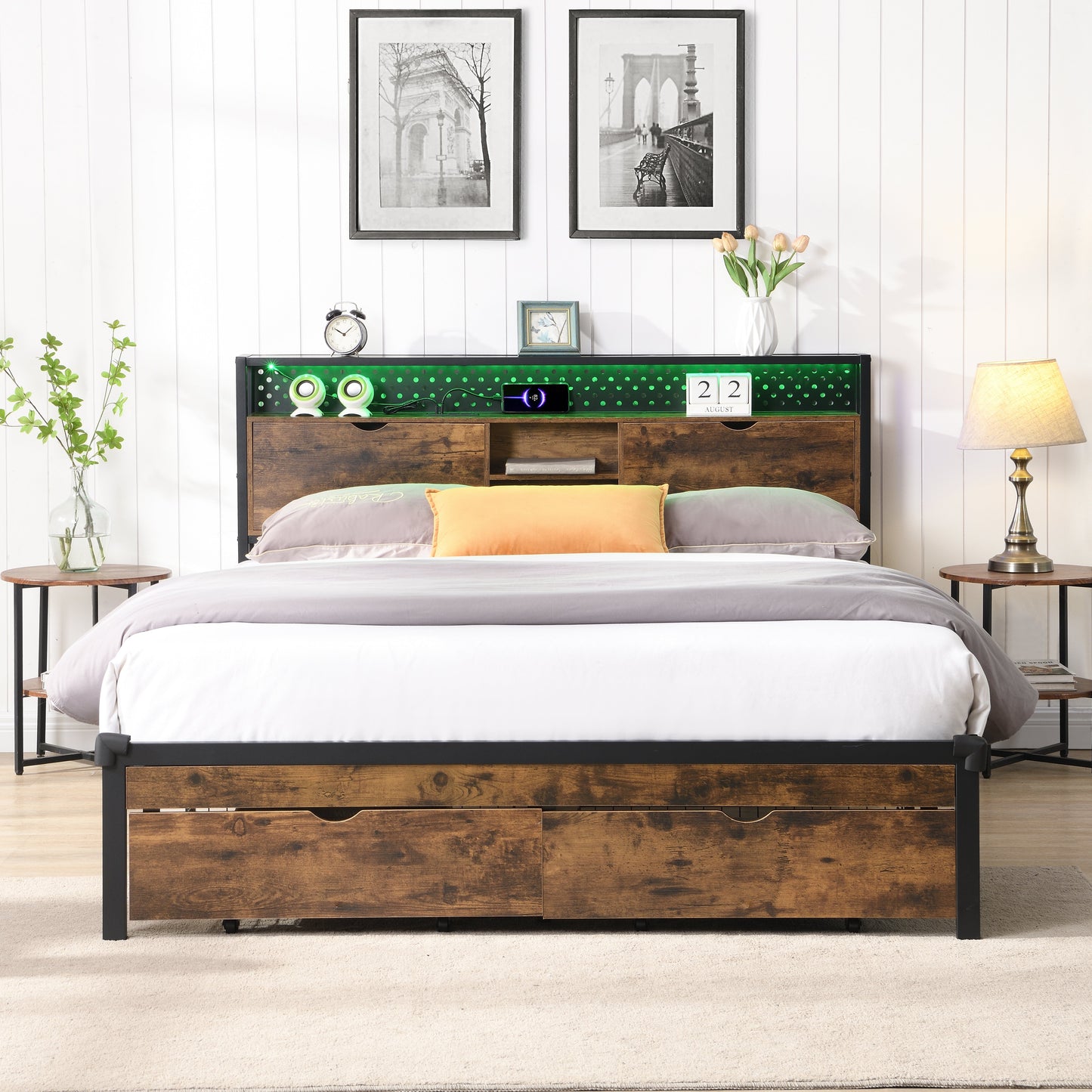 Full Size Metal Platform Bed Frame with Wooden Headboard and USB Charging