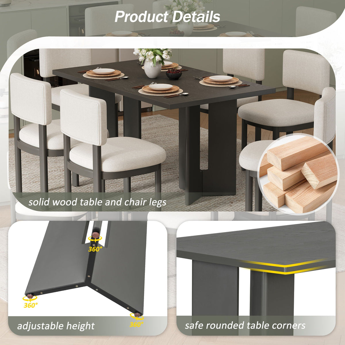 Dining Table Set With 6 Upholstered Chairs, Rectangular Table With Cutout Legs - view 7