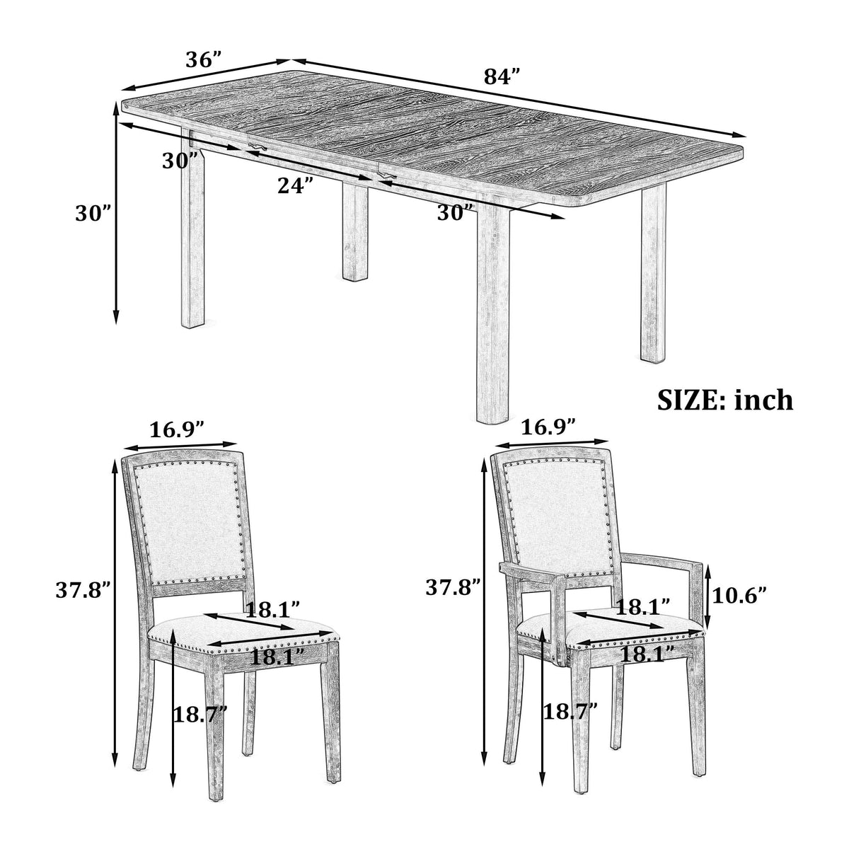 Topmax - Rustic Extendable Dining Table Set With Removable Leaf, 6 Upholstered Armless Dining Chairs And 2 - view 4