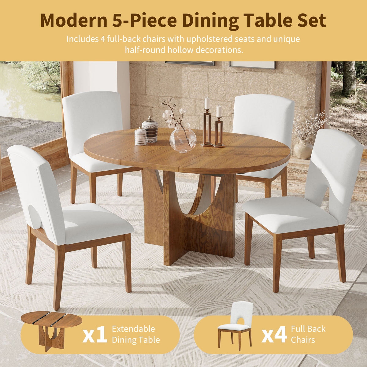 Topmax - 5 Piece Modern Extendable Round Dining Table Set With Removable Leaf For Small Places - view 5