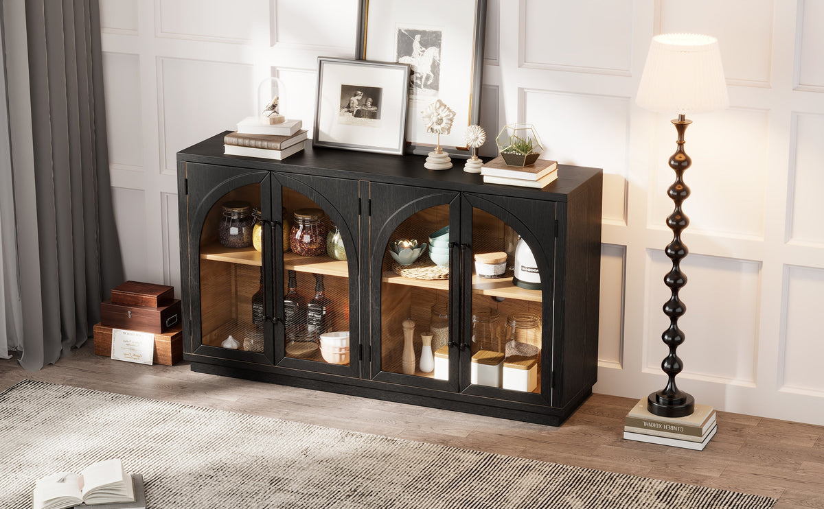 4-Door Large Storage Sideboard Buffet Cabinet with Glass Doors Arched Cabinet (Black)