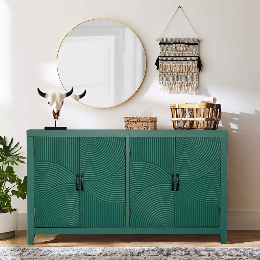 59in Green Accent Cabinet with 4 Doors - Mid Century Modern Buffet - Dark Green