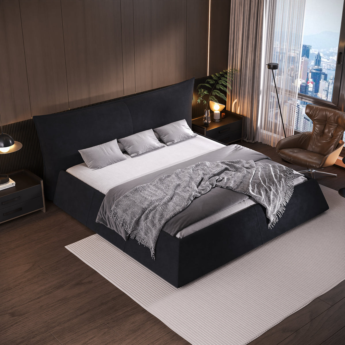 King Size Upholstered Platform Bed with Special Shaped Velvet Headboard