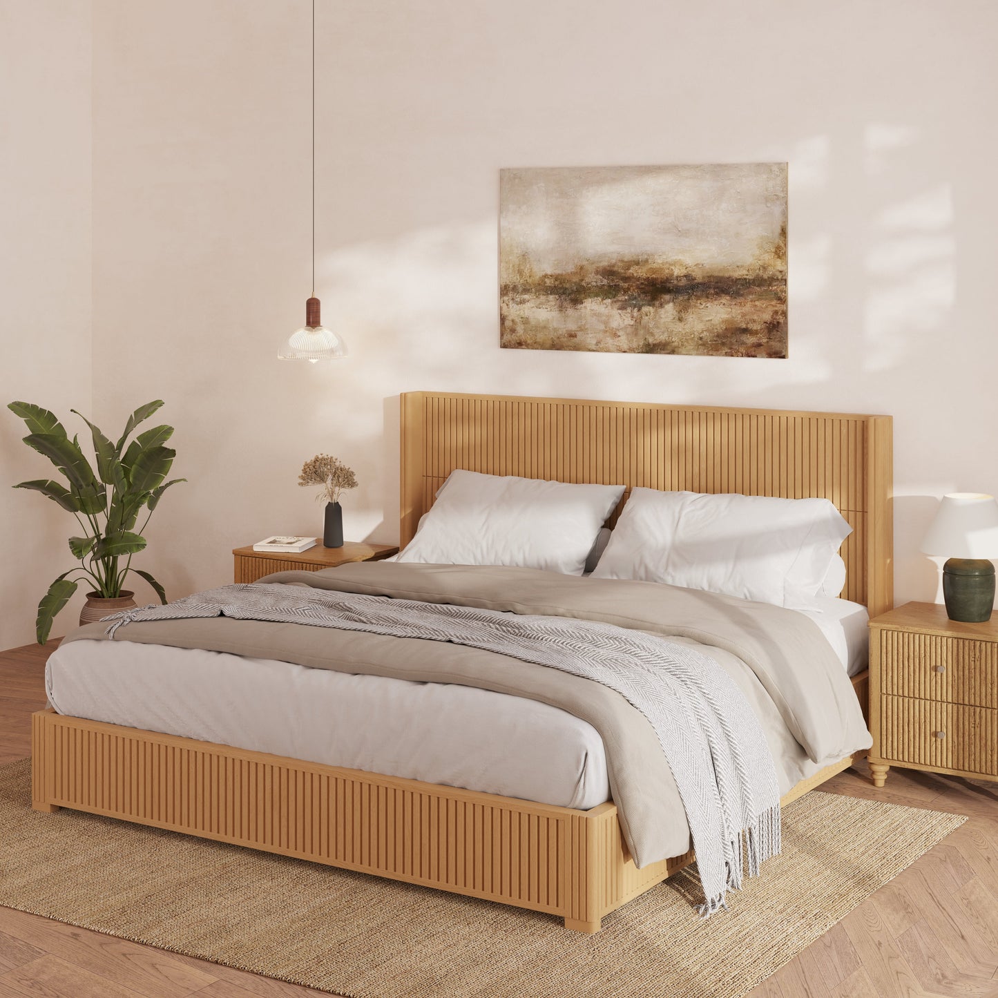 Solid Wood Platform Bed Frame with Headboard - King Size