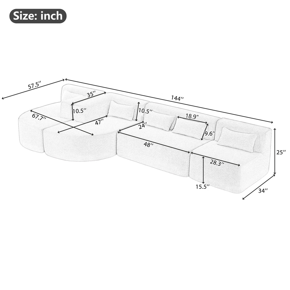 Upholstered Sofa Free Combined Sofa Couch With 2 Chaise Lounge And Five Back Pillows For Living Room - view 3