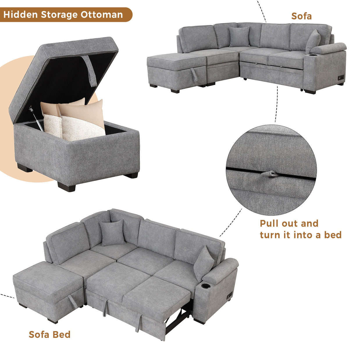 Sleeper Sofa Bed, 2 In 1 Pull Out Sofa Bed L Shape Couch With Storage Ottoman For Living Room, Bedroom Couch - view 8